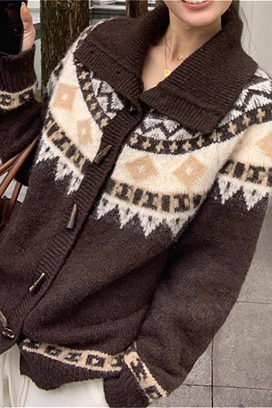 Jacquard Collar Horn Button Retro Loose Knit Cardigan - Image 5