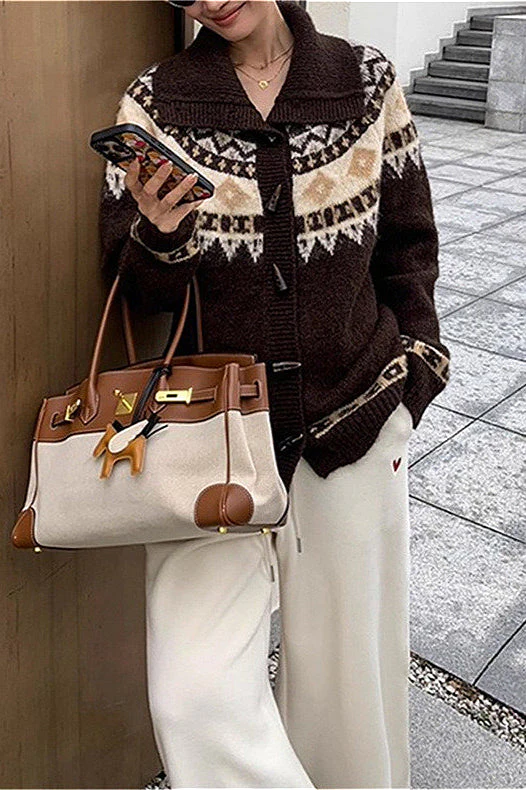 Jacquard Collar Horn Button Retro Loose Knit Cardigan - Image 6