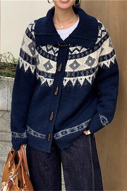 Jacquard Collar Horn Button Retro Loose Knit Cardigan - Image 7
