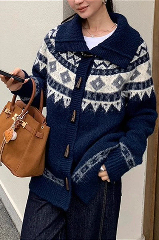 Jacquard Collar Horn Button Retro Loose Knit Cardigan - Image 8