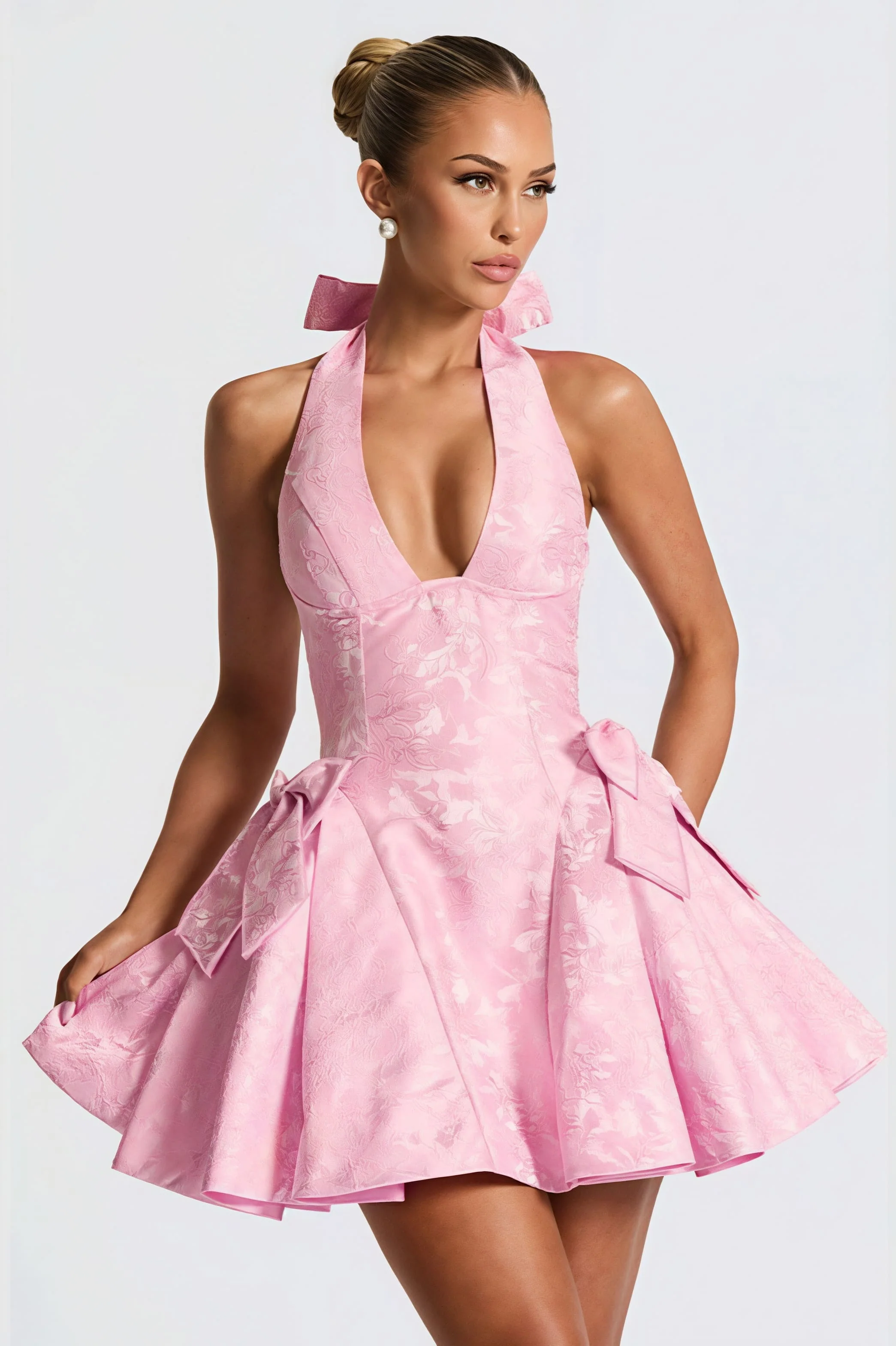 Jacquard Halter V Neck Bow Mini Dress - Image 5