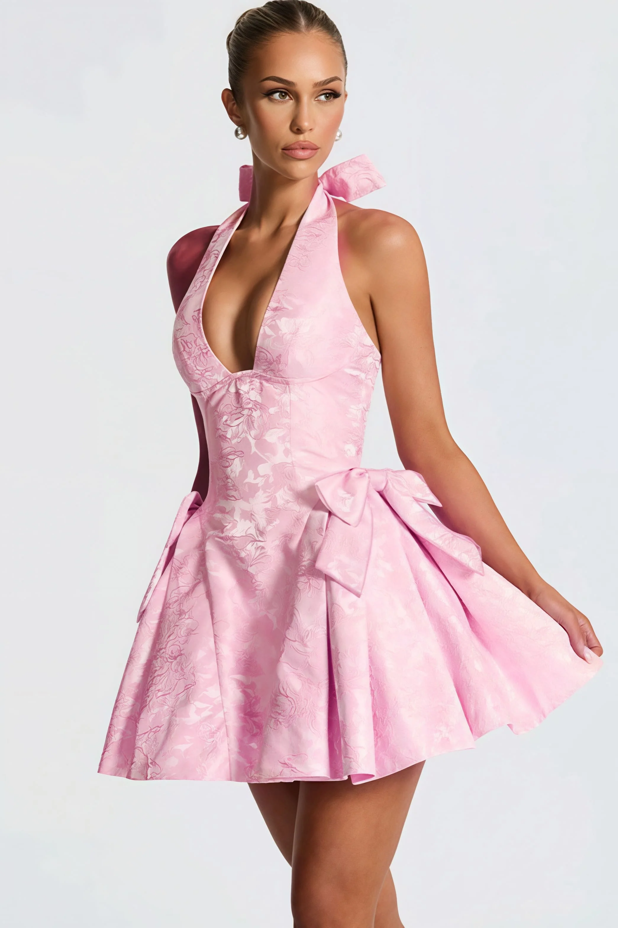 Jacquard Halter V Neck Bow Mini Dress - Image 6