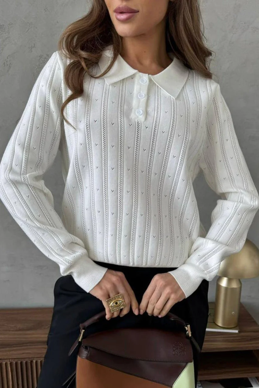 Jacquard Polo Collar Long Sleeve Loose Blouse - Image 10