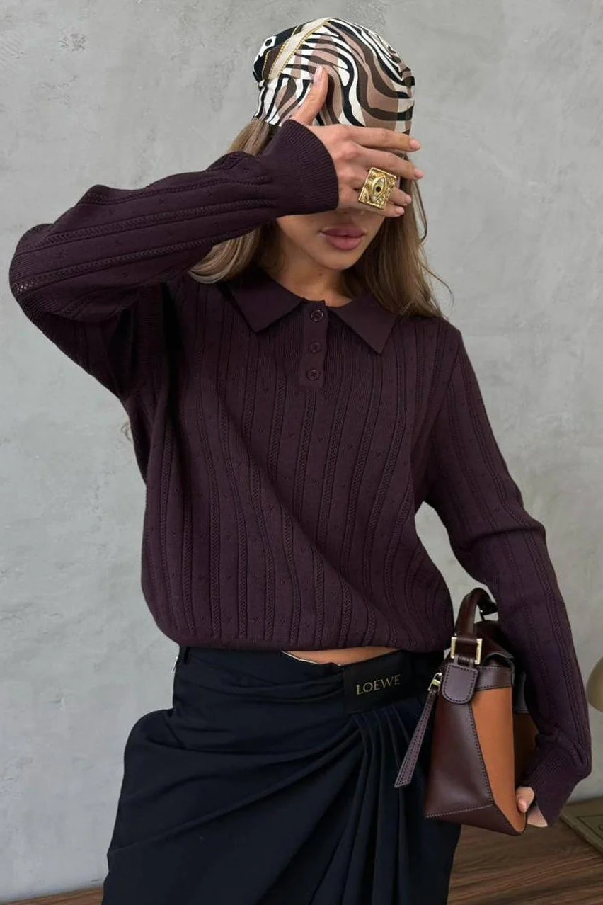 Jacquard Polo Collar Long Sleeve Loose Blouse - Image 11