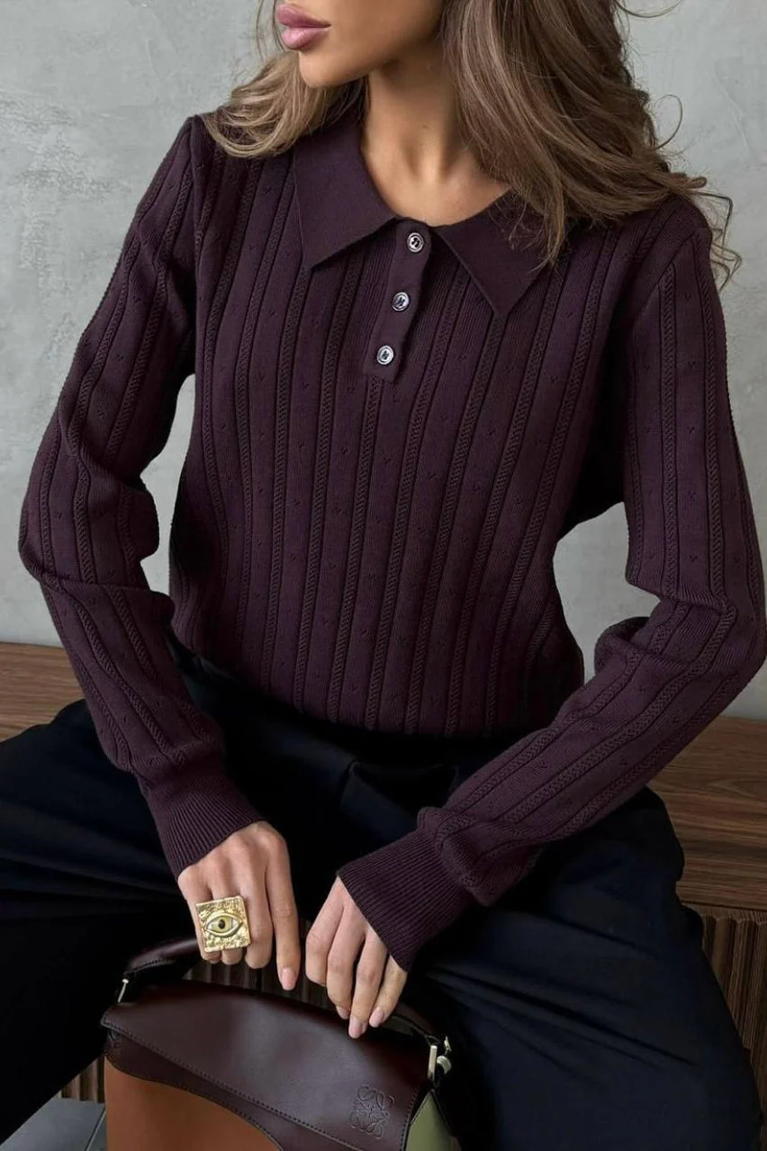 Jacquard Polo Collar Long Sleeve Loose Blouse - Image 12