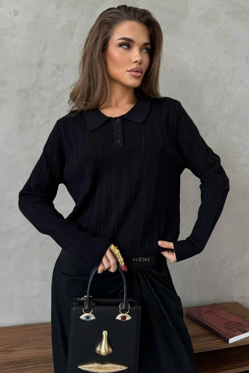 Jacquard Polo Collar Long Sleeve Loose Blouse - Image 15