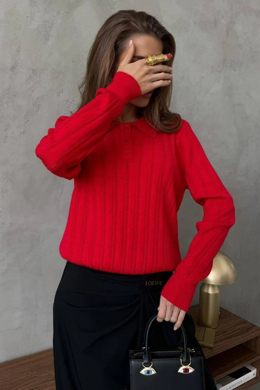 Jacquard Polo Collar Long Sleeve Loose Blouse - Image 17