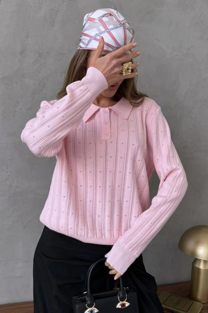 Jacquard Polo Collar Long Sleeve Loose Blouse - Image 19