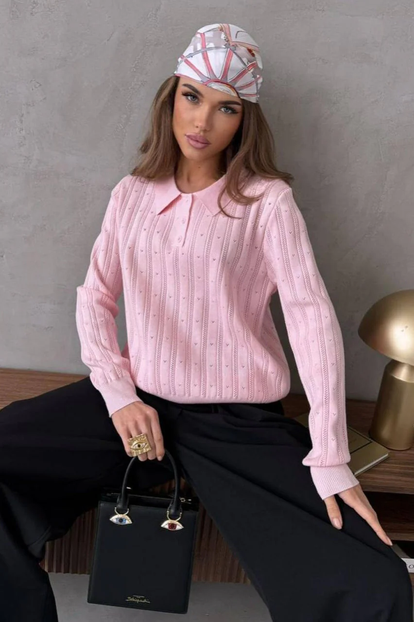 Jacquard Polo Collar Long Sleeve Loose Blouse - Image 2