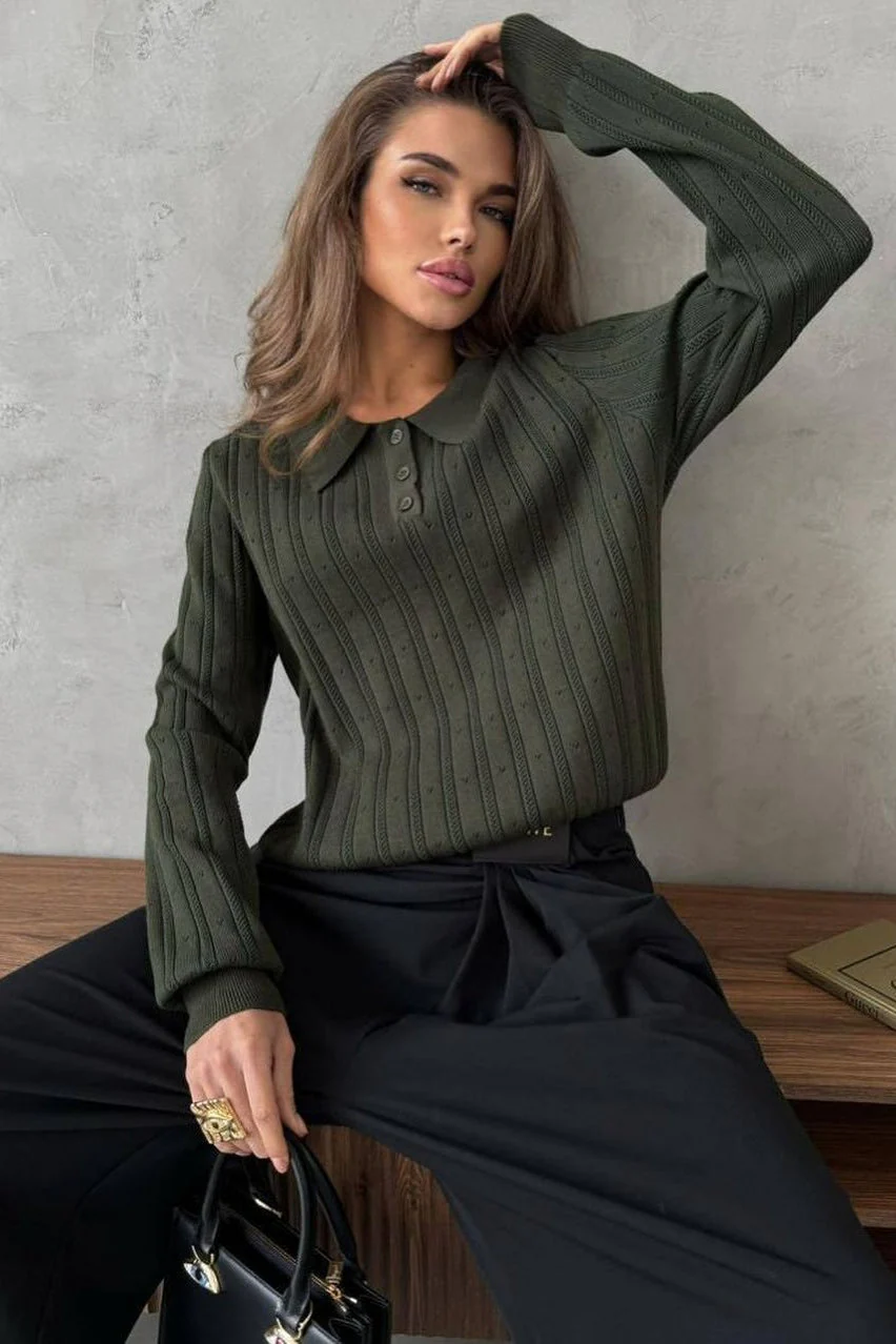 Jacquard Polo Collar Long Sleeve Loose Blouse - Image 23