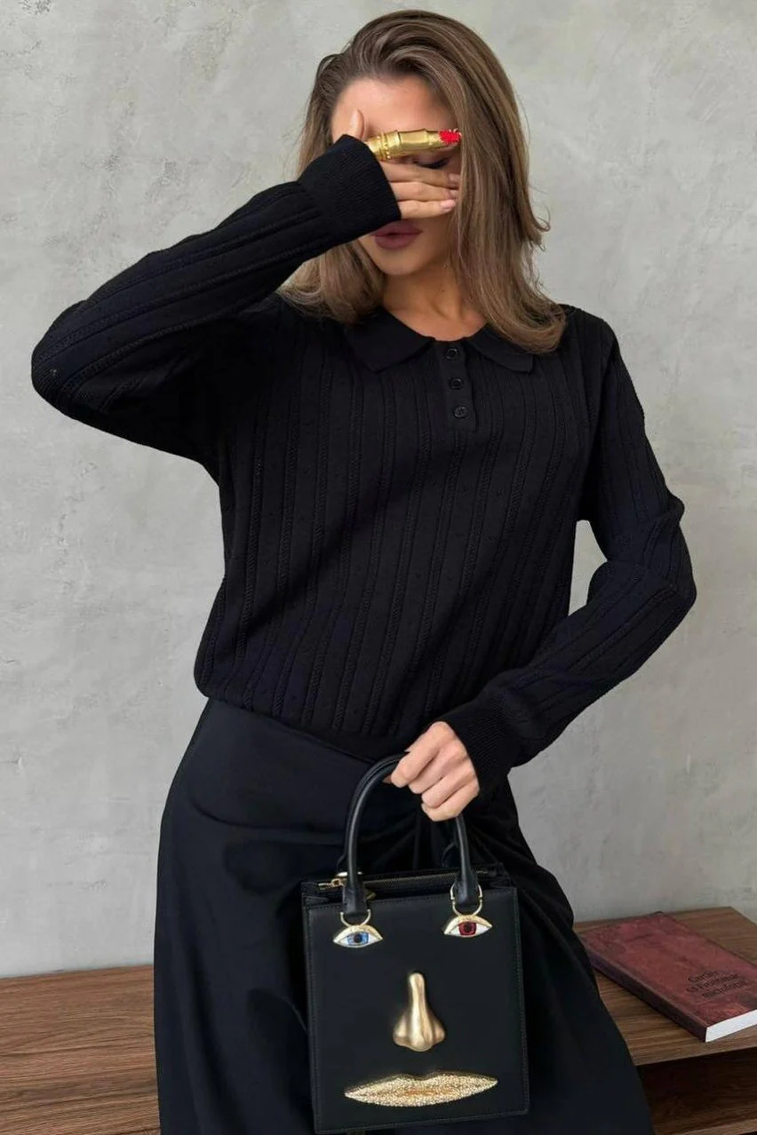 Jacquard Polo Collar Long Sleeve Loose Blouse - Image 24