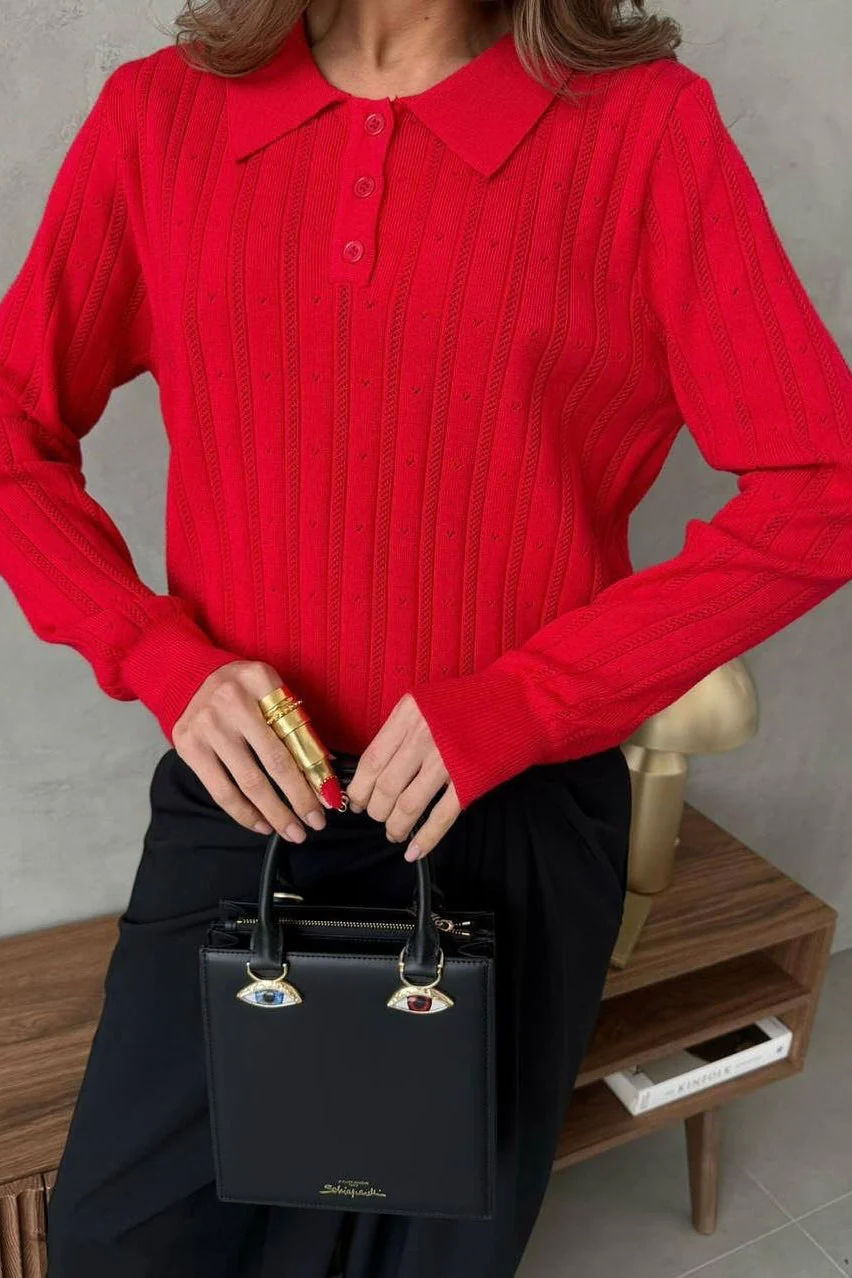 Jacquard Polo Collar Long Sleeve Loose Blouse - Image 25