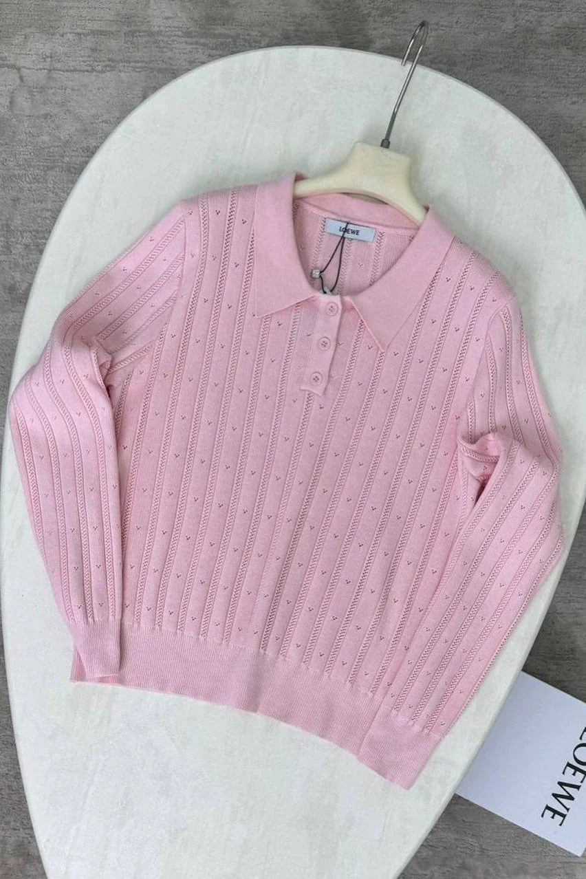 Jacquard Polo Collar Long Sleeve Loose Blouse - Image 3