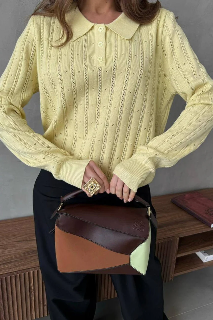 Jacquard Polo Collar Long Sleeve Loose Blouse - Image 4