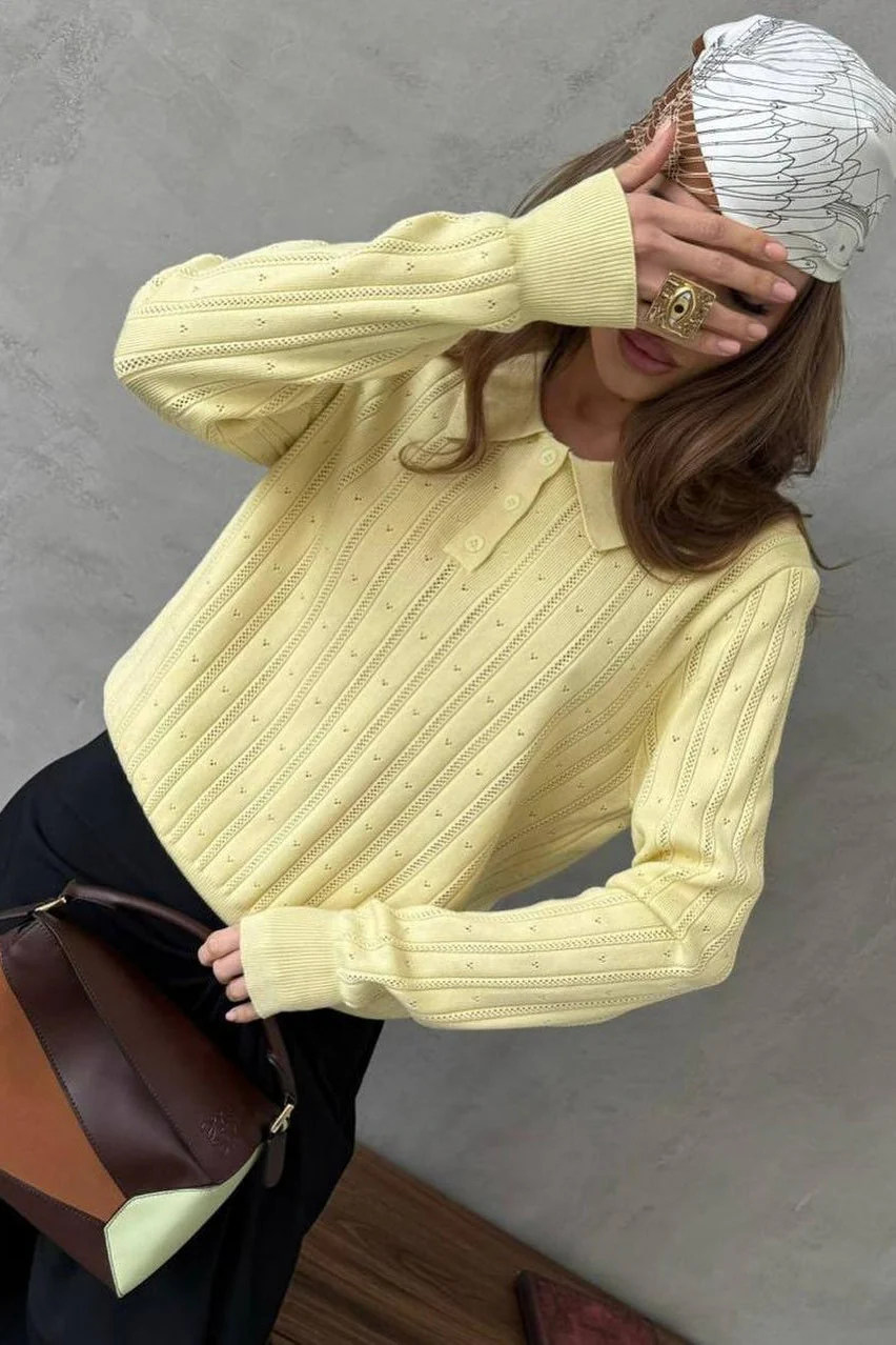 Jacquard Polo Collar Long Sleeve Loose Blouse - Image 5