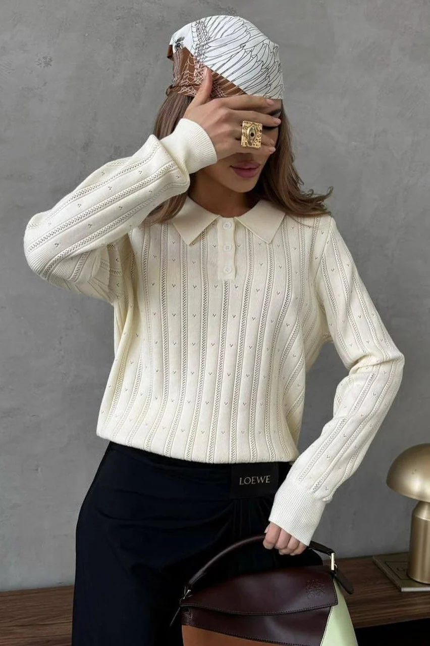 Jacquard Polo Collar Long Sleeve Loose Blouse - Image 7