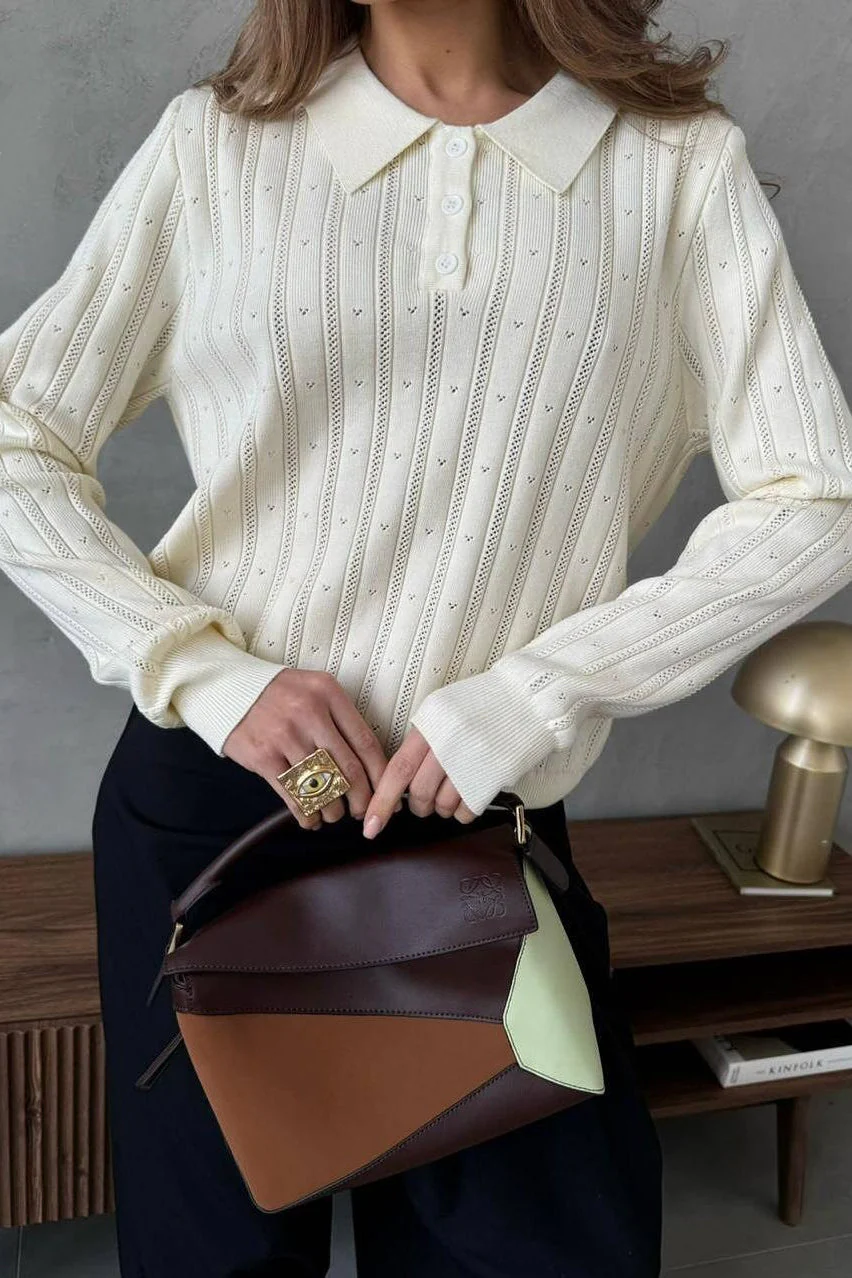 Jacquard Polo Collar Long Sleeve Loose Blouse - Image 8