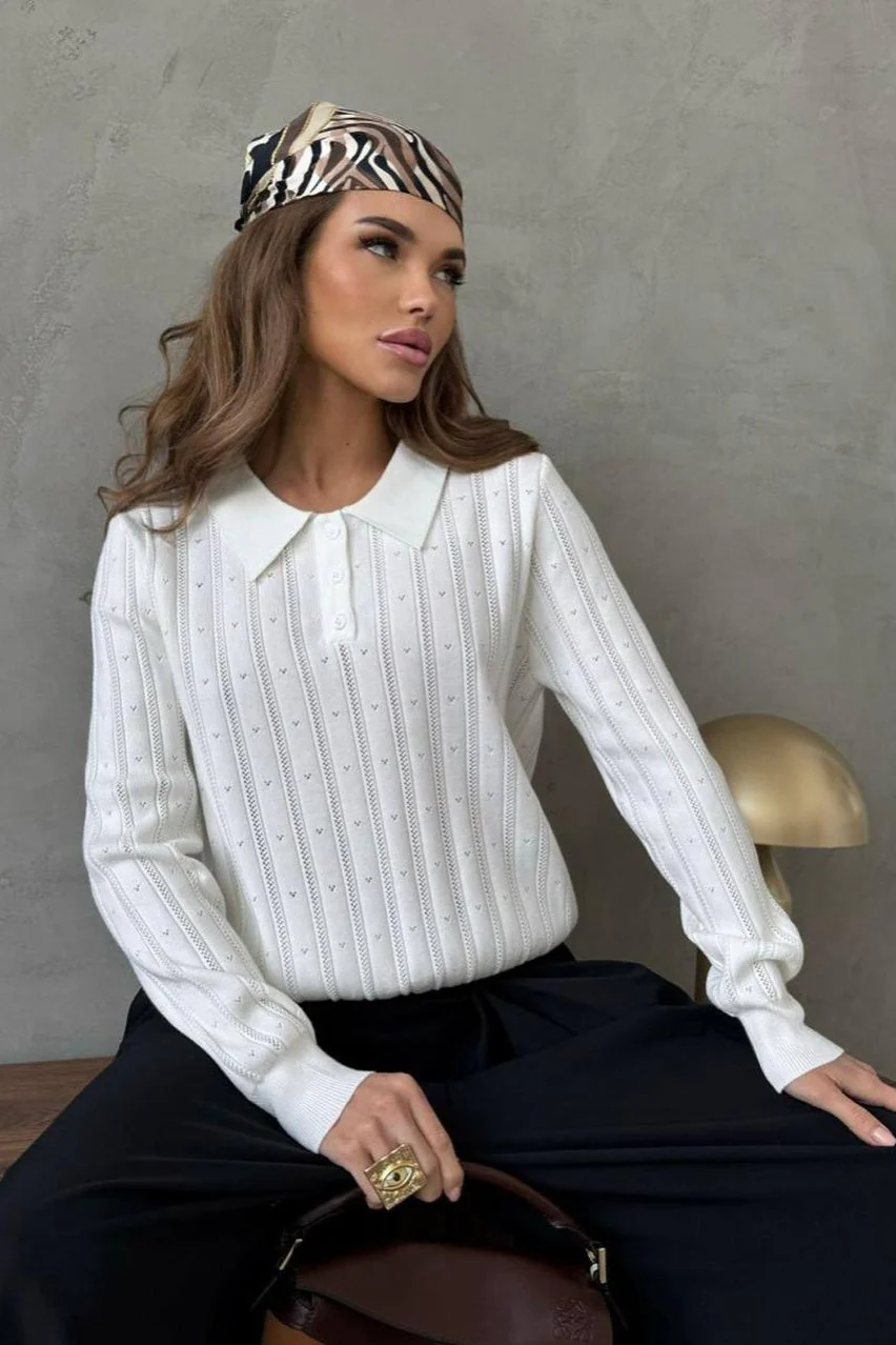 Jacquard Polo Collar Long Sleeve Loose Blouse - Image 9