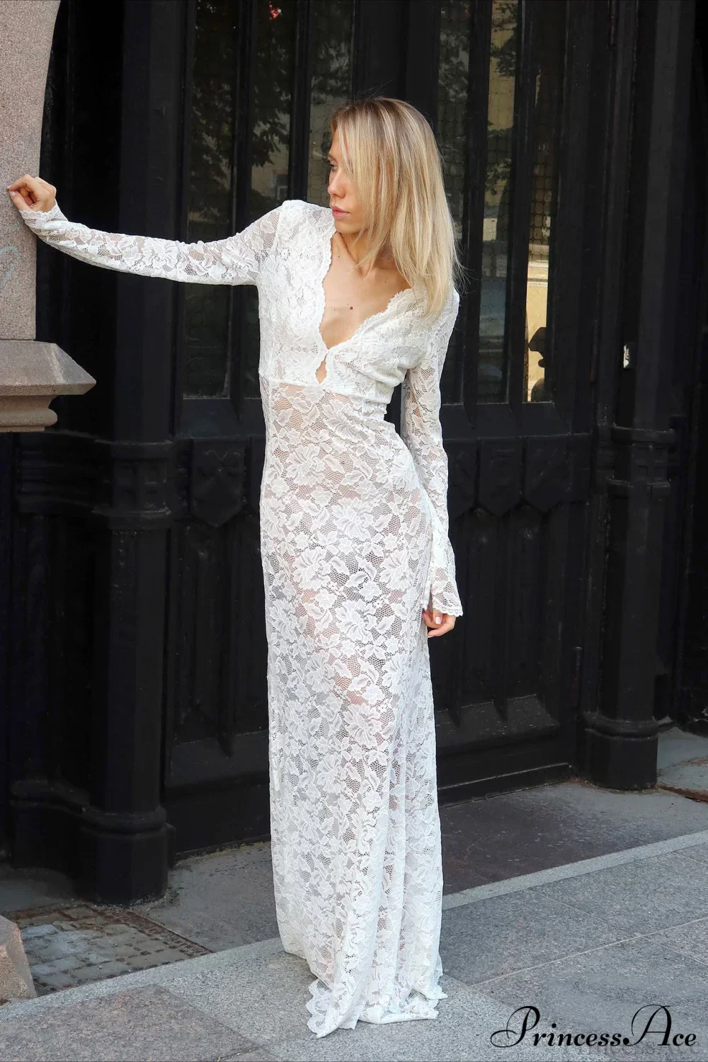 Jacquard Sheer Lace Sexy Bodycon Maxi Dress - Image 3