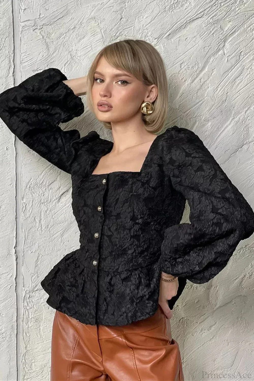Jacquard Sophisticated Square Neck Puff Sleeve Blouse - Image 2