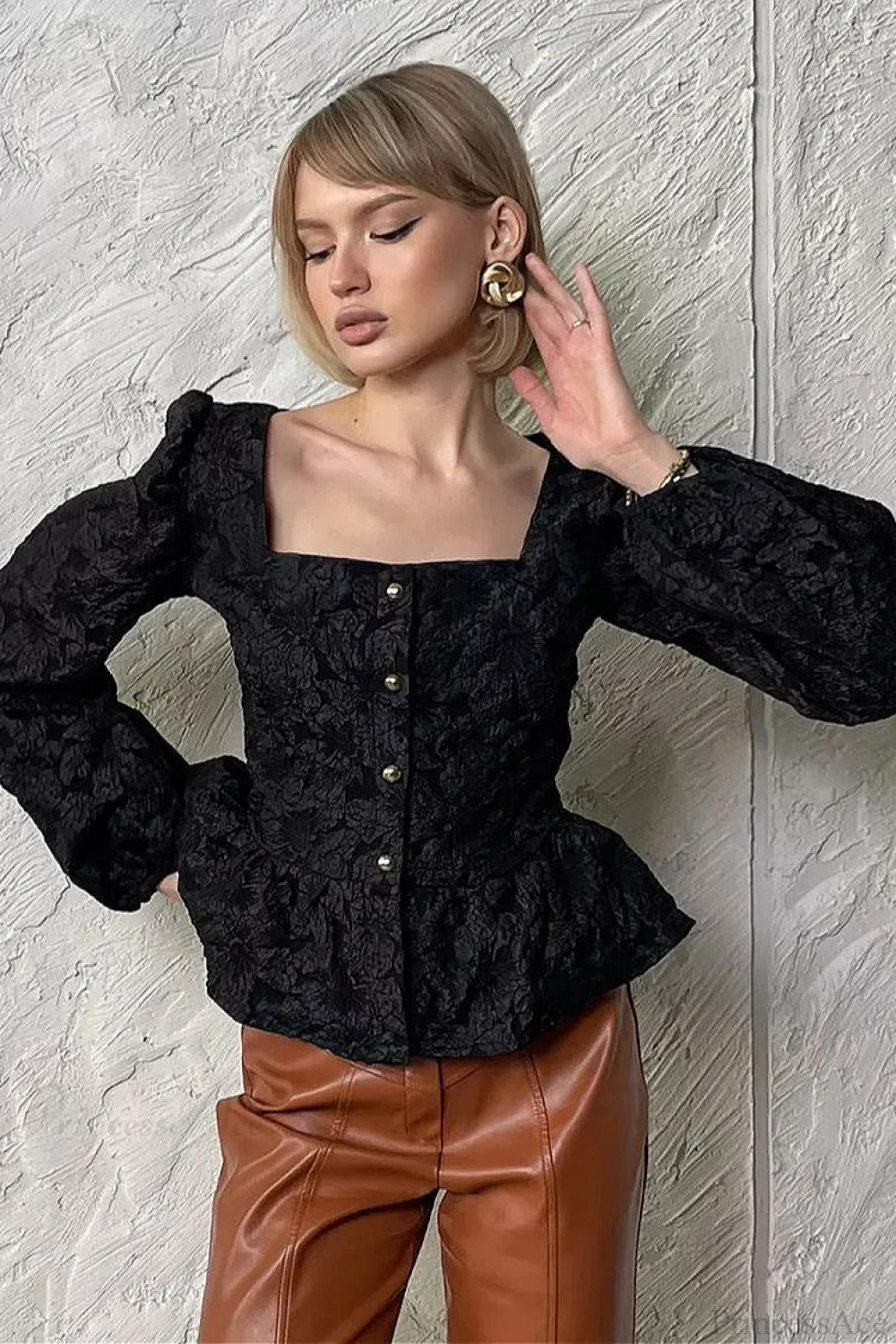 Jacquard Sophisticated Square Neck Puff Sleeve Blouse - Image 3