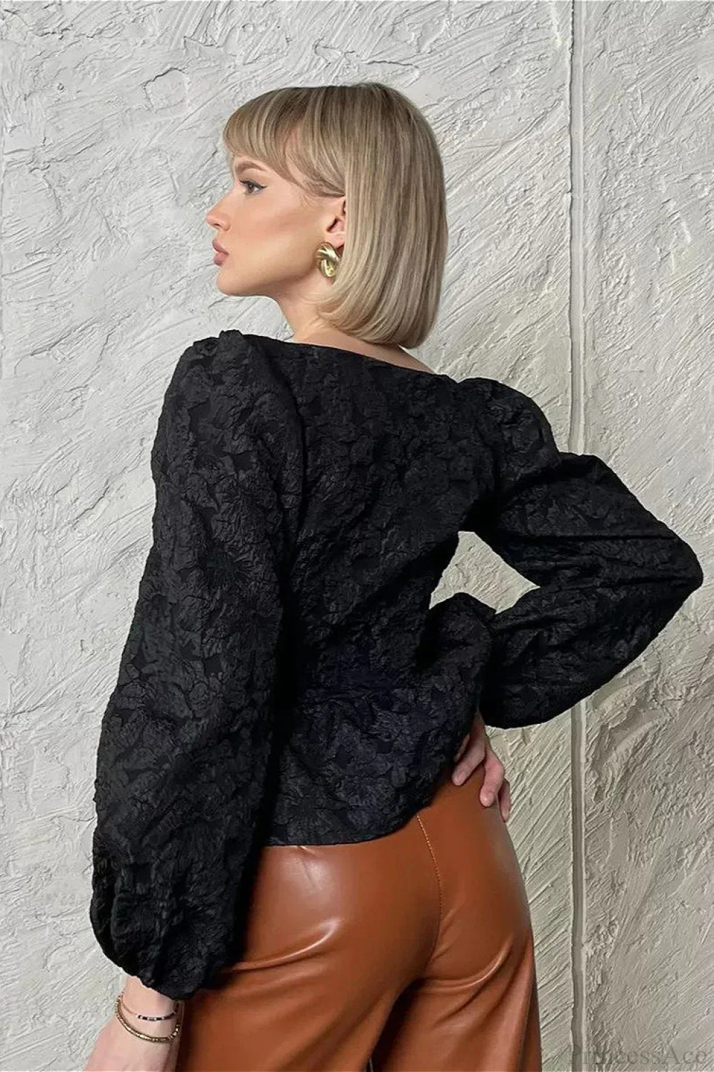 Jacquard Sophisticated Square Neck Puff Sleeve Blouse - Image 4