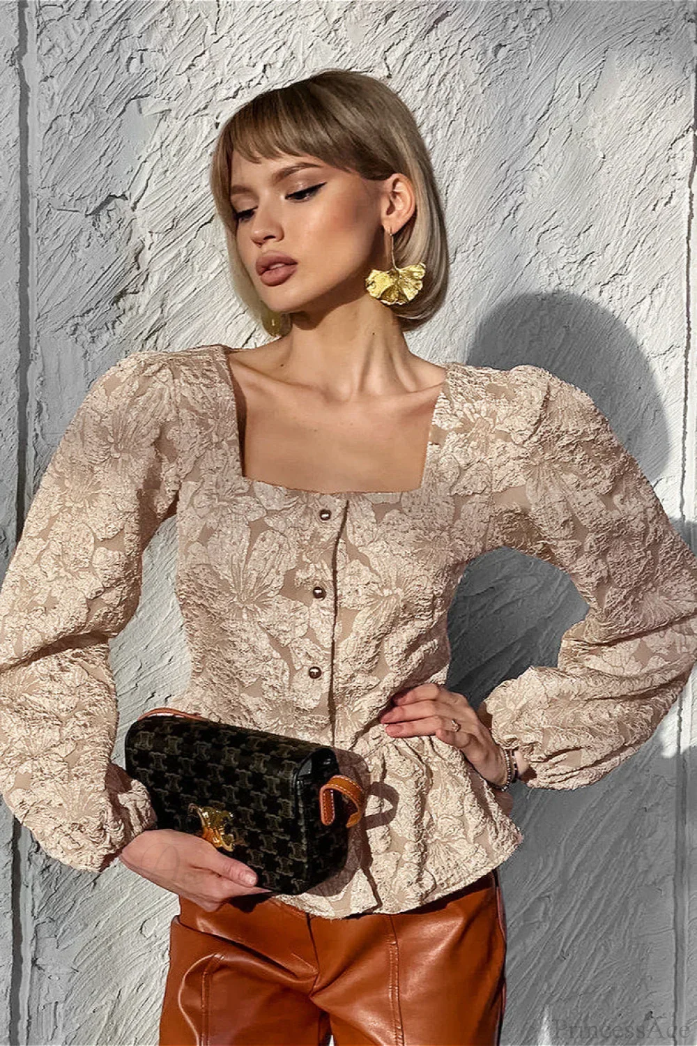 Jacquard Sophisticated Square Neck Puff Sleeve Blouse - Image 5