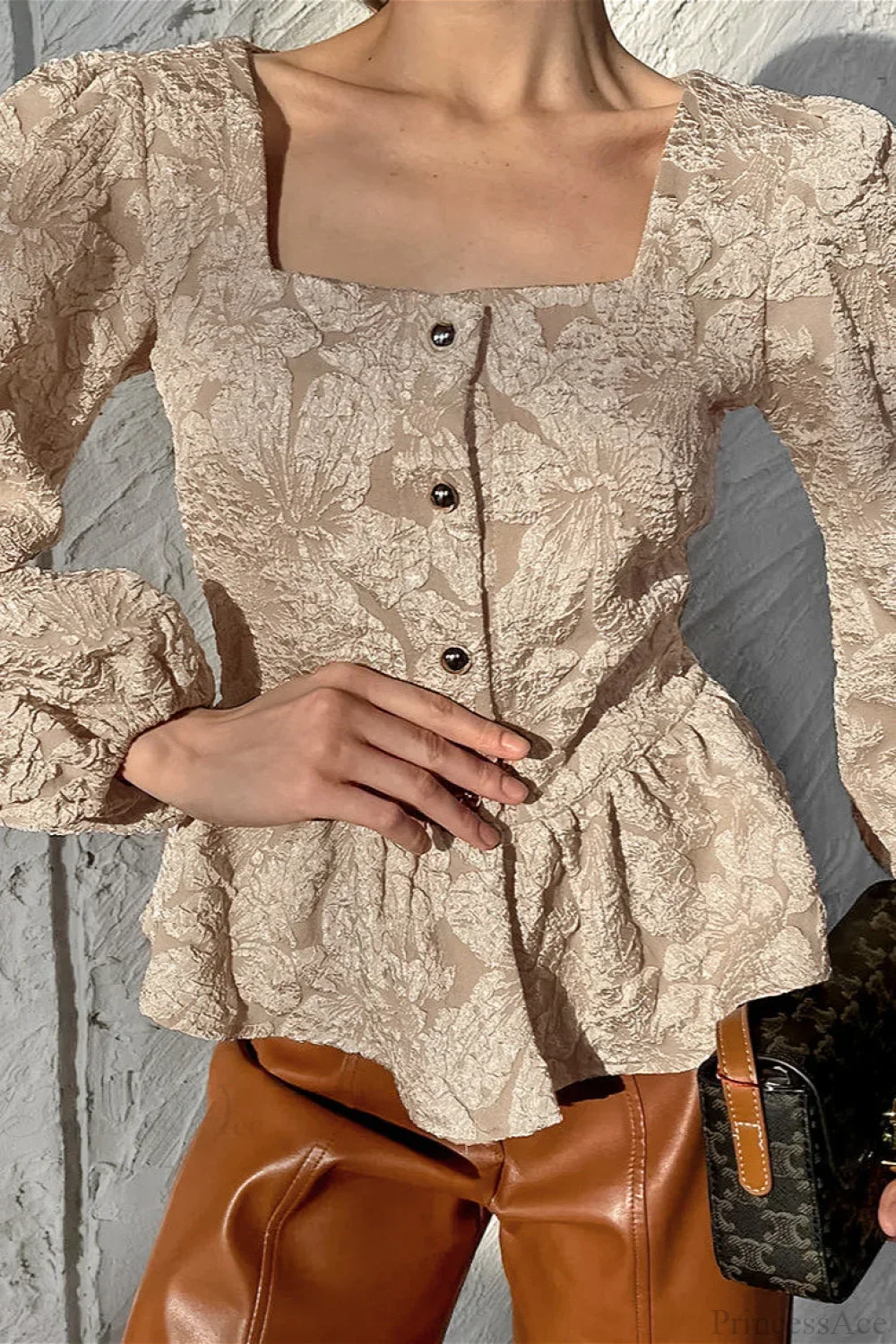 Jacquard Sophisticated Square Neck Puff Sleeve Blouse - Image 6