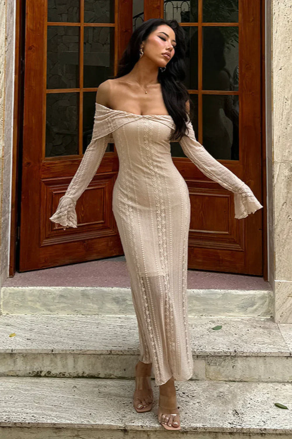 Jacquard Waist Cinched Off Shoulder Bodycon Maxi Dress - Image 2