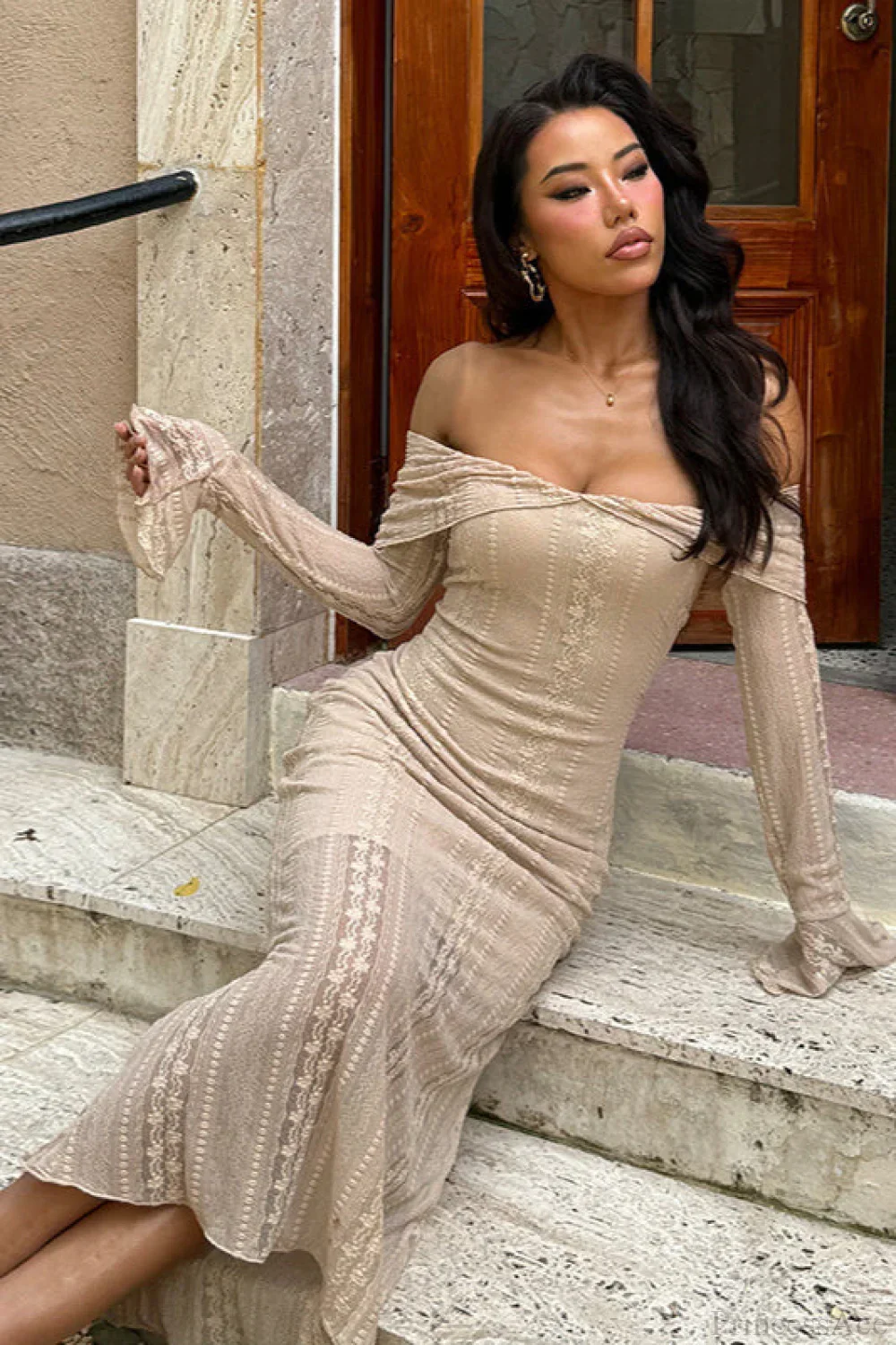Jacquard Waist Cinched Off Shoulder Bodycon Maxi Dress - Image 3