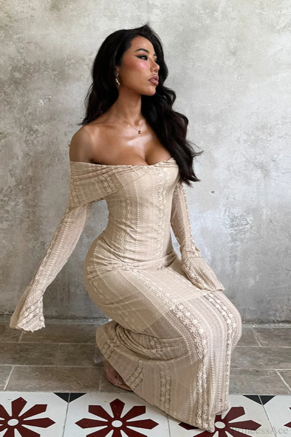 Jacquard Waist Cinched Off Shoulder Bodycon Maxi Dress - Image 5