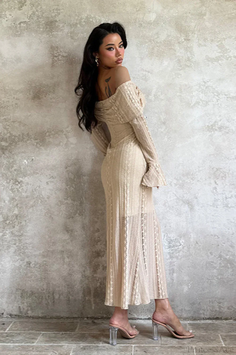 Jacquard Waist Cinched Off Shoulder Bodycon Maxi Dress - Image 6