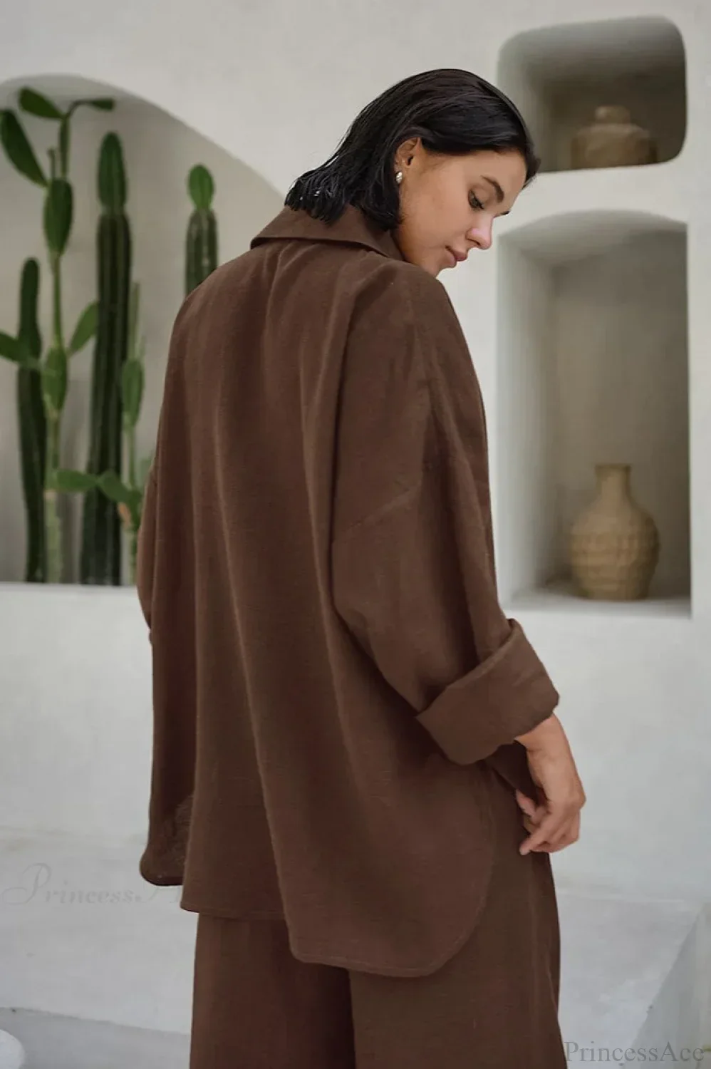 Khaki Cotton Linen Relaxed Long Sleeve Two Piece Set - Image 10