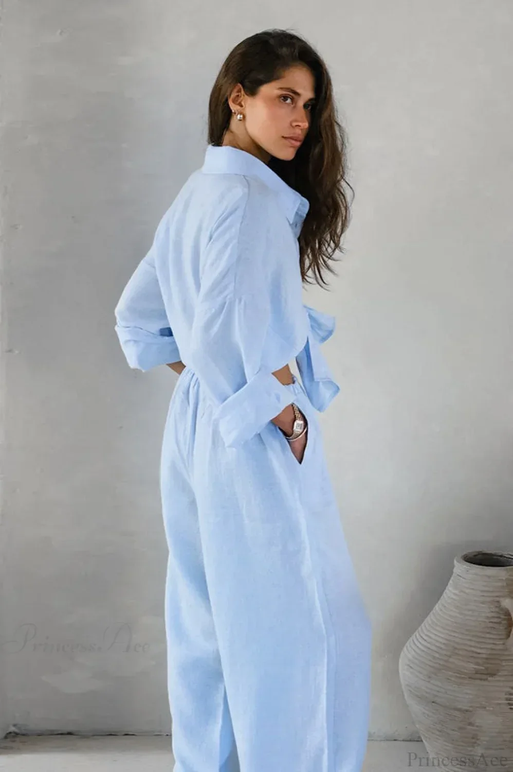 Khaki Cotton Linen Relaxed Long Sleeve Two Piece Set - Image 14