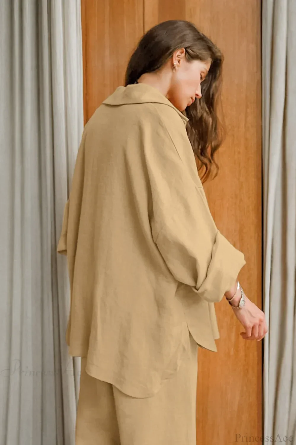 Khaki Cotton Linen Relaxed Long Sleeve Two Piece Set - Image 5