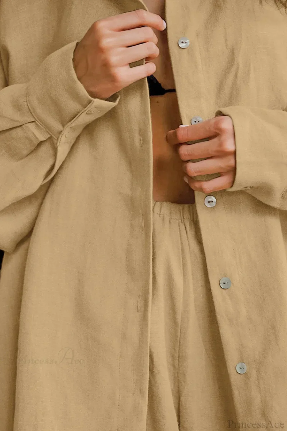 Khaki Cotton Linen Relaxed Long Sleeve Two Piece Set - Image 6