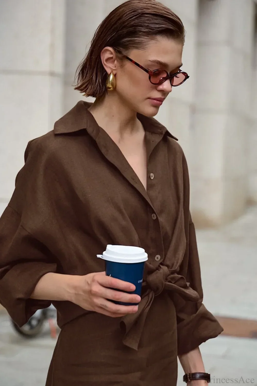 Khaki Cotton Linen Relaxed Long Sleeve Two Piece Set - Image 7