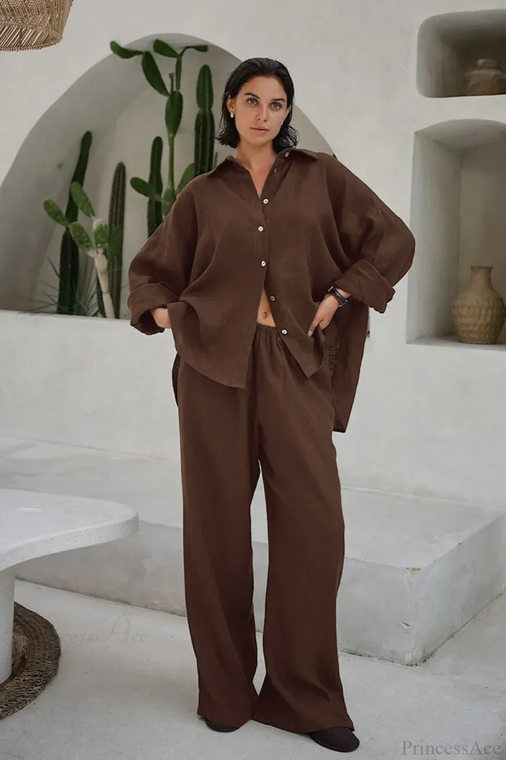 Khaki Cotton Linen Relaxed Long Sleeve Two Piece Set - Image 9