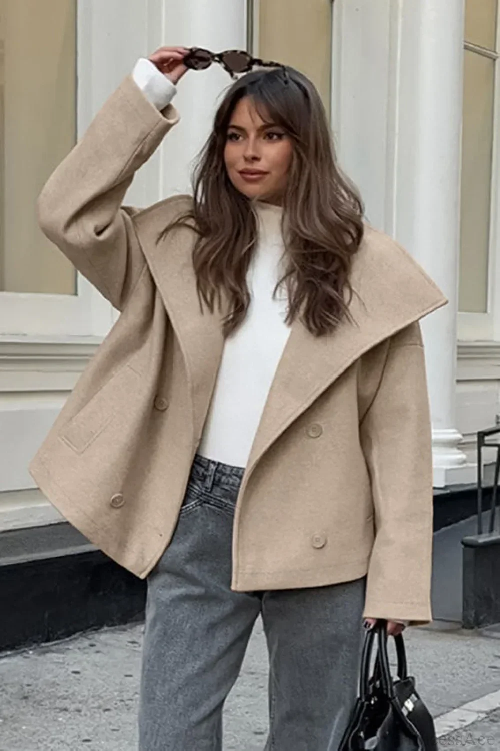 Vintage Khaki Double Breasted Thickened Wool Blend Coat - Image 3