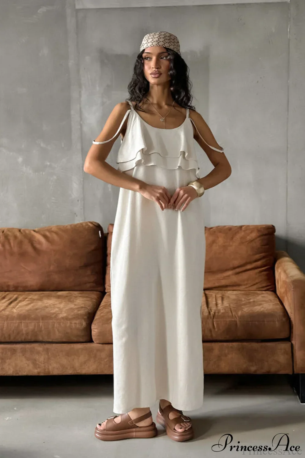 Khaki Linen Cami Ruffled Round Neck Maxi Dress - Image 2