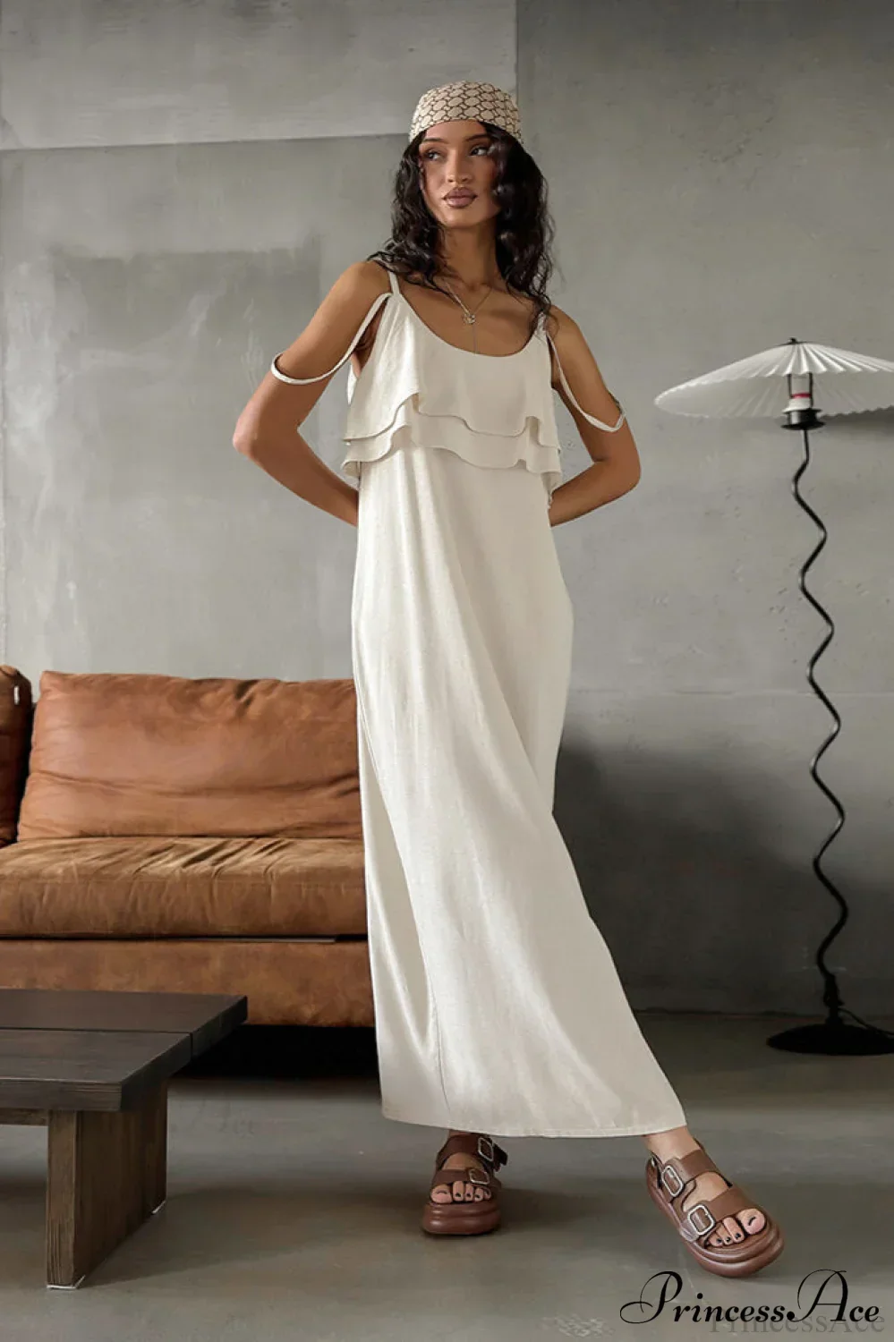 Khaki Linen Cami Ruffled Round Neck Maxi Dress - Image 3