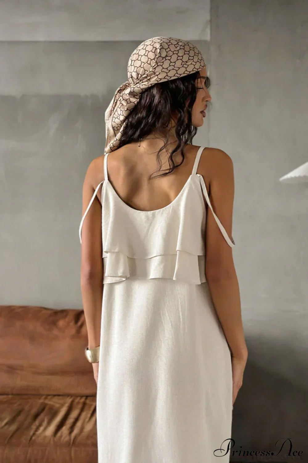 Khaki Linen Cami Ruffled Round Neck Maxi Dress - Image 4