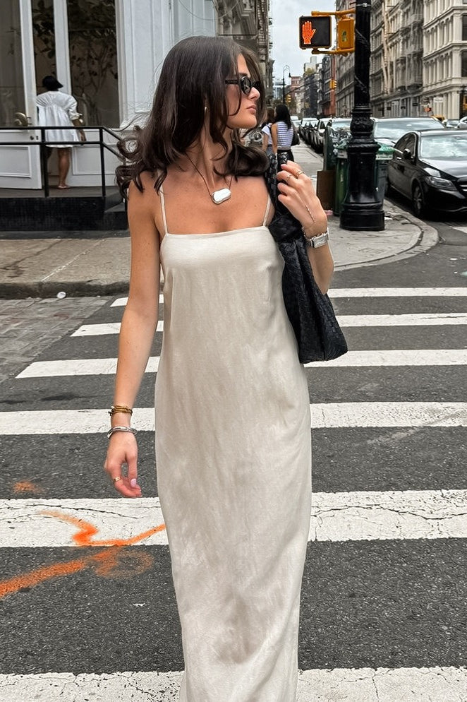 Khaki Linen Cotton Cami Loose Office Maxi Dress - Image 2