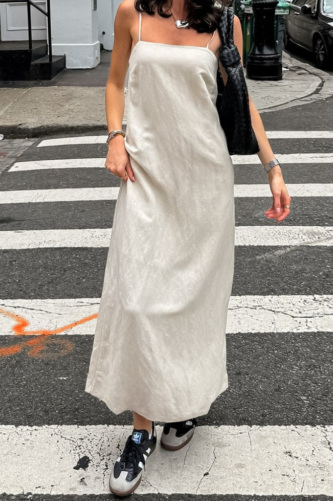 Khaki Linen Cotton Cami Loose Office Maxi Dress - Image 3