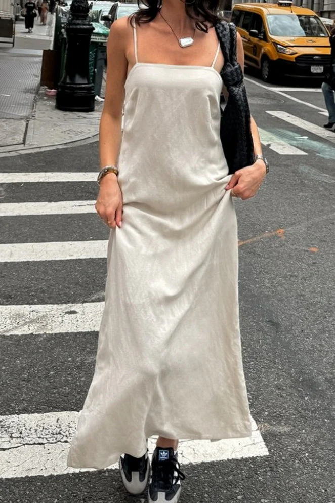 Khaki Linen Cotton Cami Loose Office Maxi Dress - Image 4