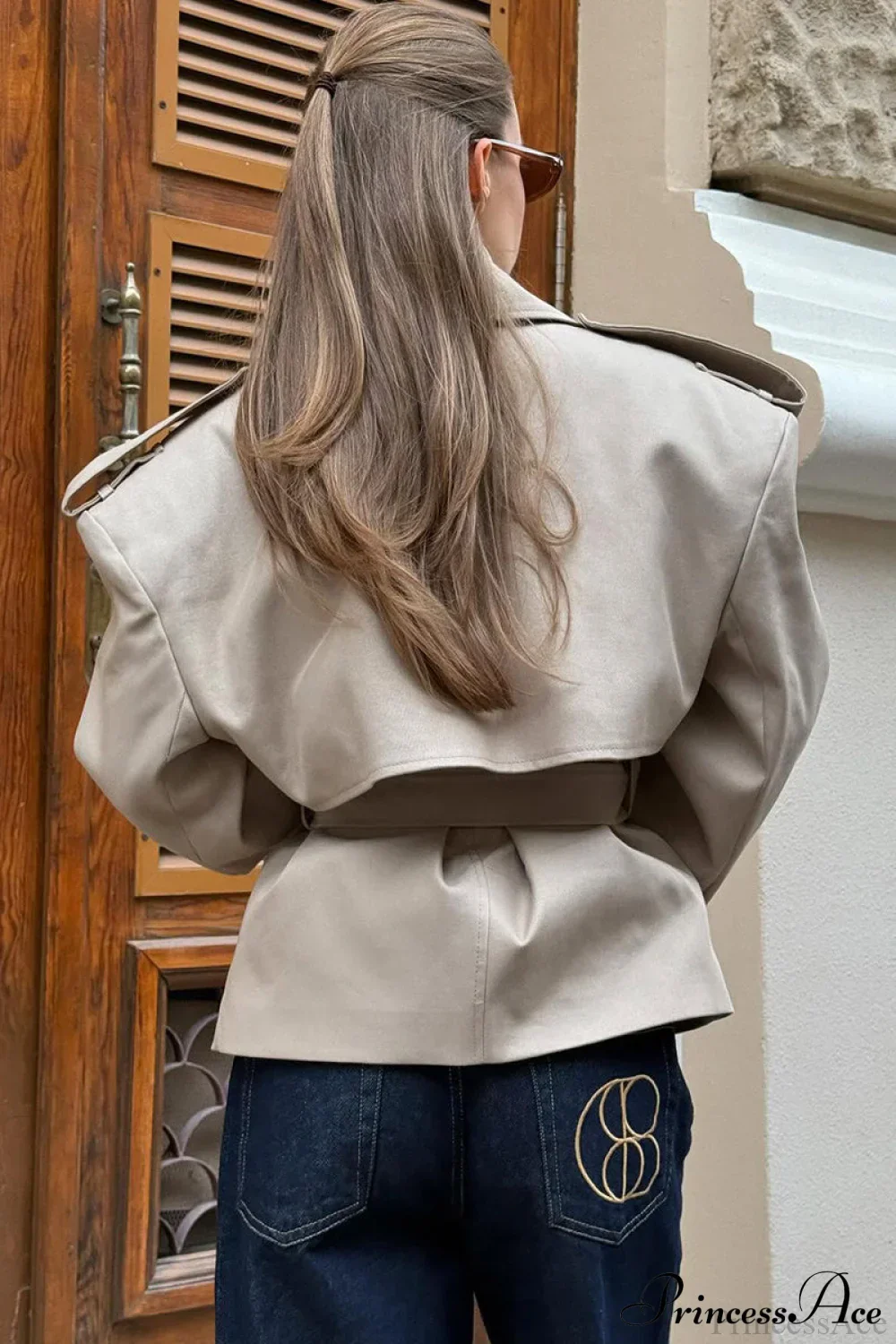 Khaki Long Sleeve Tie Waist Collar Trench Coat - Image 3