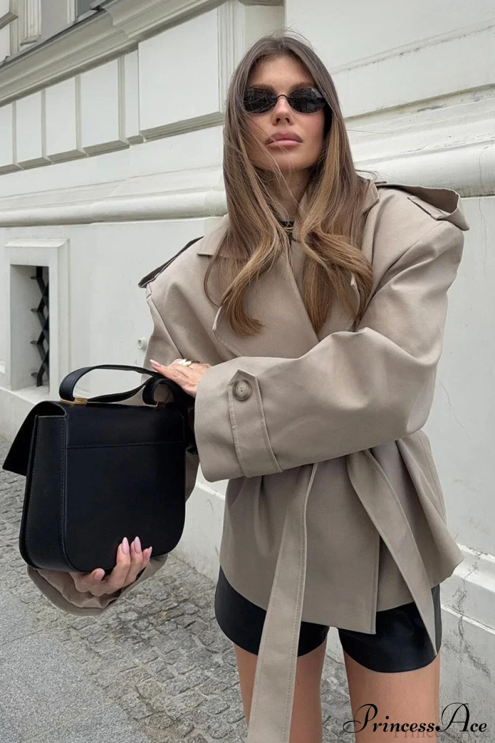 Khaki Long Sleeve Tie Waist Collar Trench Coat - Image 4
