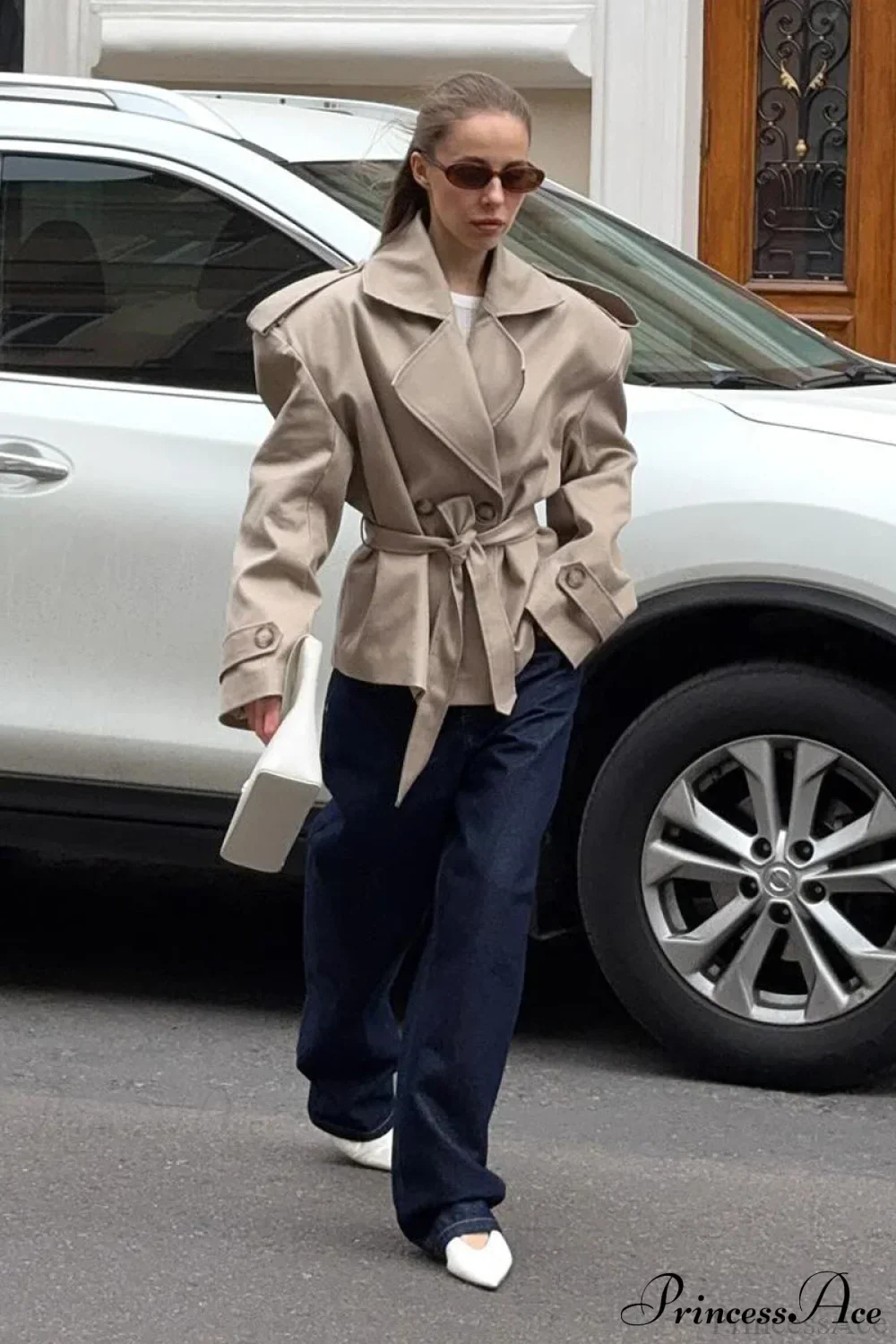 Khaki Long Sleeve Tie Waist Collar Trench Coat - Image 5