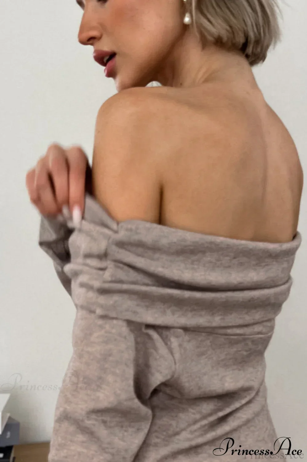 Khaki Off Shoulder Slim Knit Long Sleeve Tee - Image 3