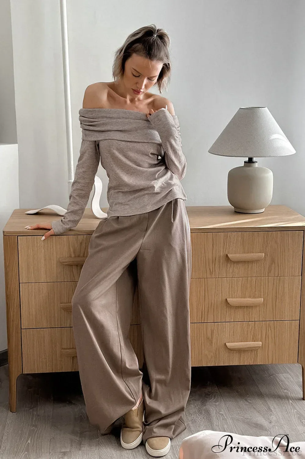 Khaki Off Shoulder Slim Knit Long Sleeve Tee - Image 4